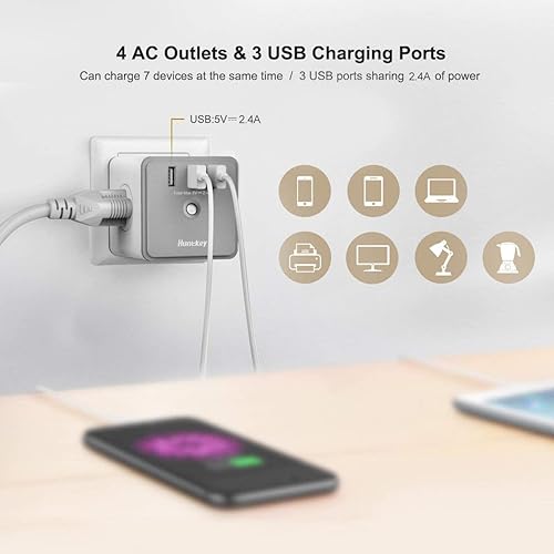 Miniatura 8 de Huntkey - Protector de sobretensiones con 3 puertos USB de carga de 3,4 amperios SMD607 y adaptador de pared USB con 4 salidas de CA y 3 puertos de