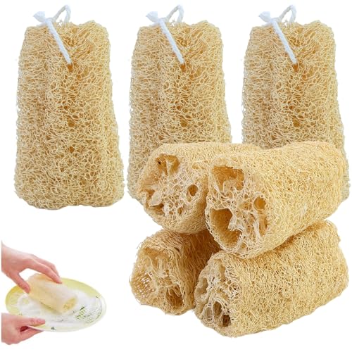7 esponjas de luffa natural de pepino de luffa, 10 cm exfoliante de luffa biodegradables, perfectas para el cuidado del cuerpo, cocina, baño, estropajo y jabón de lufa