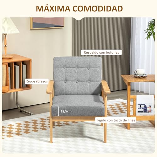Miniatura 4 de Homcom Sillón Individual Sofá Individual Tapizado En Lino Con Reposabrazos De Madera Respaldo Acolchado Carga 130 Kg Sillón Para Salón Dormitorio Gris Claro