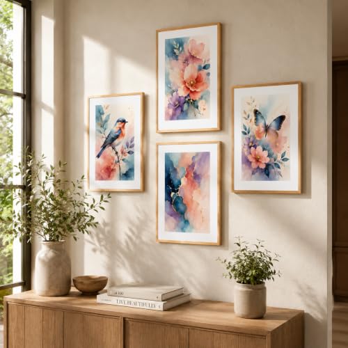 Image of Livin'luxe Set of 4 Watercolor Floral Bird & Butterfly Wall Paintings with Sparkle Laminate and Premium Wooden Synthetic Frame for Living Room Bedroom Office Decor (13.5 x 19.5 Inch)
