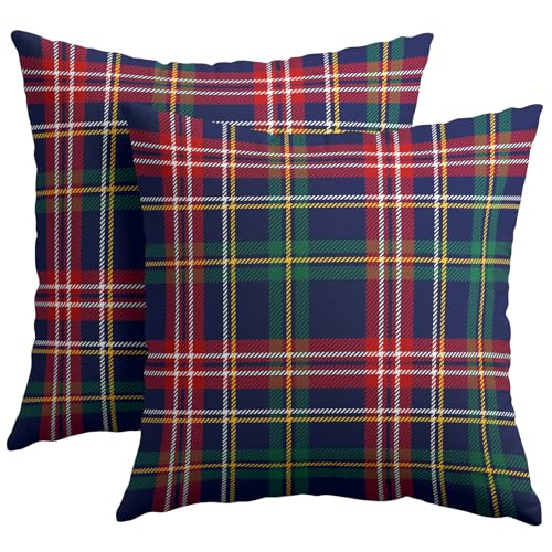 Christmas Tartan Pillow Covers 18x18 Set of 2 Navy Blue Green Red Plaid Print Decorative Outdoor Xmas Throw Pillow Cases Rustic Winter Holiday Decoration Farmhouse Sofa Couch Cushion Cover Bed Decor