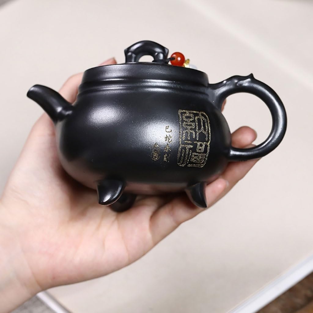 Tetera de Kung Fu Para Hacer té Tetera De Hierro Fundido For El Hogar Y La Oficina, Negro Tres Patas Con Bendición Juego de Té de Cerámica
