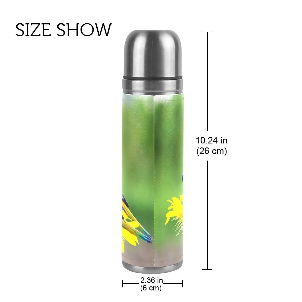 Taza de viaje de acero inoxidable con aislamiento al vacío, doble pared, a prueba de fugas, diseño de girasol, colorido loro, impreso personalizado, termo envuelto en piel auténtica, 500 ml