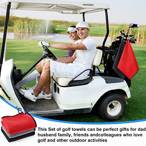 Batiyeer 12 Pcs Golf Towel Bulk for Golf Bags 16\'\' x 16\'\' Microfiber Fabric Towel with Clip Waffle Pattern, Fitness, Camping, Hiking, Yoga(Black, Gray, Red)