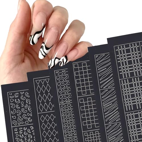 NICENEEDED 6 Feuilles Pochoirs Aérographe Autocollants pour Ongles Autocollants de Guides D'Ongles Creux pour la Décoration de Manucure des Femmes