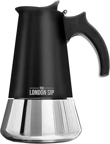 London Sip - Cafetera de acero inoxidable para estufa cafetera italiana Moka color negro mate 6 tazas