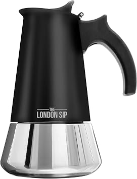 The London Sip Moka Pot, Stovetop Coffee Maker, Italian Style Espresso Maker, Stainless Steel, Induction Compatible, Modern Chrome, Black, 3 Cup 150 ml