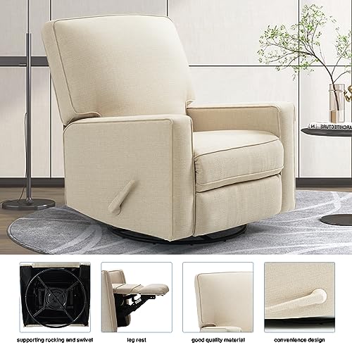 TEKAMON 360° Swivel Rocker Recliner Chair, Glider Rocking Chair Nursery, Large Push Back Chair for Living Room with High Back, Upholstered Deep Seat, Fabric Manual Recliners with Lever, Beige