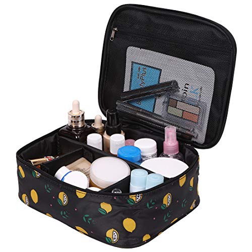 NEOVIVA Travel Cosmetic Makeup Bag for Women Nylon Cute Lemon Organizer Multifunction Case Toiletry Bags for Girls (Black Lemon)