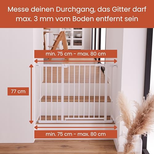 hauck Open N Stop 2, Dunkelgrau - Kinderschutzgitter Hundegitter, Verstellbare Breite 75-80 cm, 77 cm Hoch, Beidseitige Einhand Öffnung, ohne Bohren, für Innen