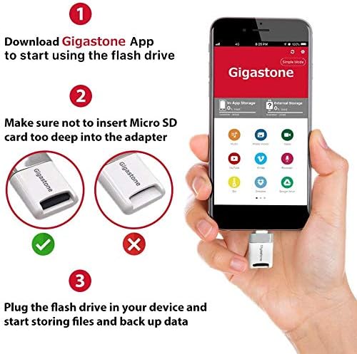 [Apple MFI Certified] Gigastone iPhone Flash Drive, MicroSD Card Reader, Lightning for iPhone and iPad, App for iOS, 4K Video Player Drone GoPro Camera, Backup Photos and Videos from Social Media