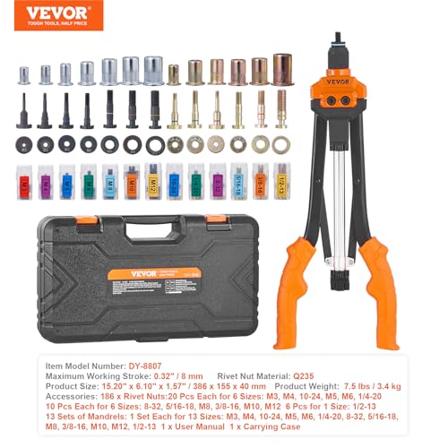 VEVOR Rivet Nut Tool, 16 inch Rivnut Tool Kit with 13PCS Metric and SAE Mandrels, 186PCS Rivet Nuts, Semi-auto Retraction, M3, M4, M5, M6, M8, M10, M12, 1/4-20, 5/16-18, 3/8-16, 1/2-13, 8-32, 10-24 by VEVOR - Image 6