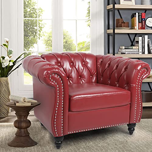 Image of LEVNARY Leather Upholstered Armchair, Mid-Century Modern Single Sofa Chair with Rolled Arms and Nailhead, Tufted Pu Leather Chesterfield Chair for Home Bedroom Reading Room (Wine Red)