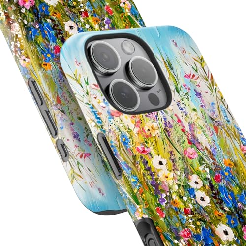 Image of Goodon for iPhone 16 Pro Case Cute - Wireless Charging Compatible - Dual-Layer Hard Shell + Silicone Cover - Protective Phone Case with Trendy Designs for Women - Wildflowers Painting