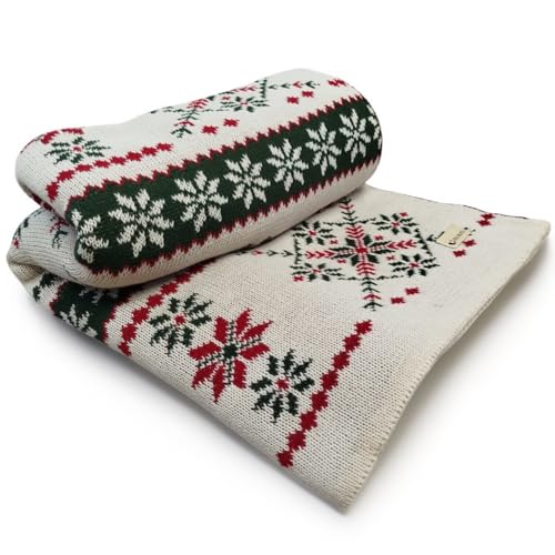 Manta Natalina Tricô Flocos Bege Decorativa Enfeite Natal Sofá Po...