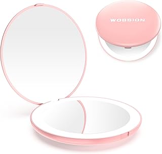 wobsion Compact Mirror with Light, 1x/10x Magnification Travel Makeup Mirror, Handheld 2-Sided Mirror, Compact Mirror for Purses, 3.5 inch Small Pocket Mirror for Handbag,Purse,Pocket,Round,Pink