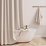 BTTN Extra Long Shower Curtain, 72x96 Long Striped Boho Chic Linen Fabric Heavy Duty Shower Curtain Set with Hooks, Tall Bohemian Farmhouse Luxury Tassel Cloth Shower Curtains for Bathroom, Tan/Taupe