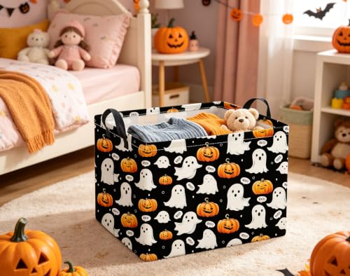 Image of Halloween Basket Cute Baskets for Kids Pumpkin Basket Rectangular Storage Bin Organizer Box Room Decor(Black Ghost Pumpkin)