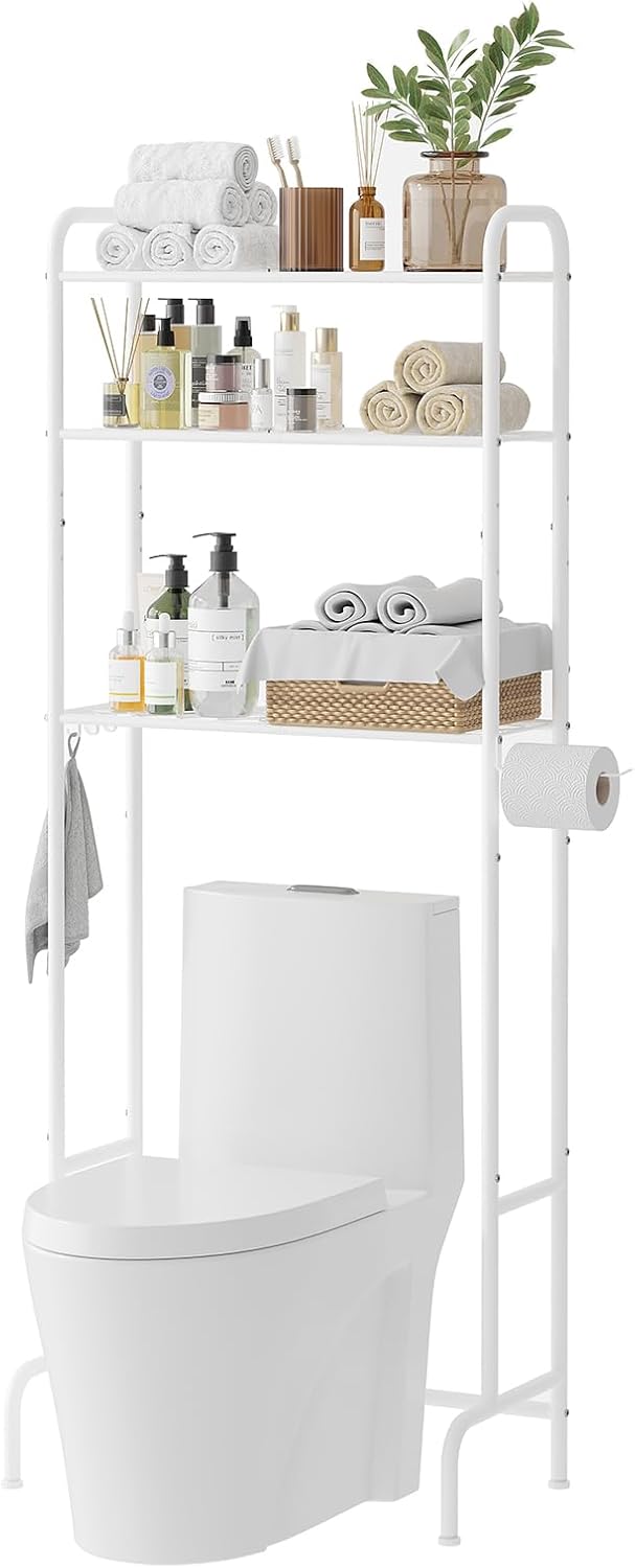 STDDRE 3-Tier Over The Toilet Storage Space Saver with Paper Holder Freestanding Rack Metal Bathroom Shelves with Hooks Above The Toilet Storage Shelf (White, 3 Tier)
