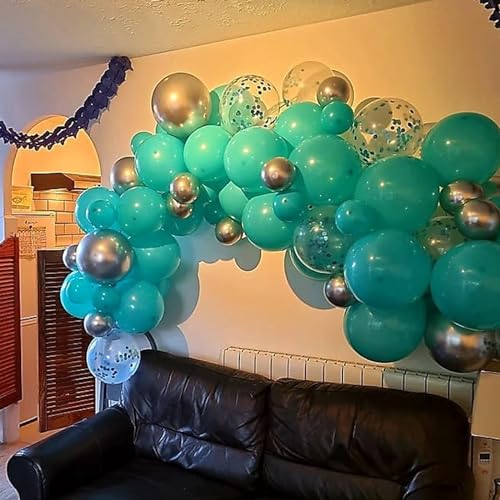 Image of Teal White Balloon Set, 60PCS Blue Silver Birthday Balloons, 12 Inch Teal Green Latex Balloon Turquoise Metallic Silver Confetti Balloons for Birthday Party Baby Shower Wedding Decorations