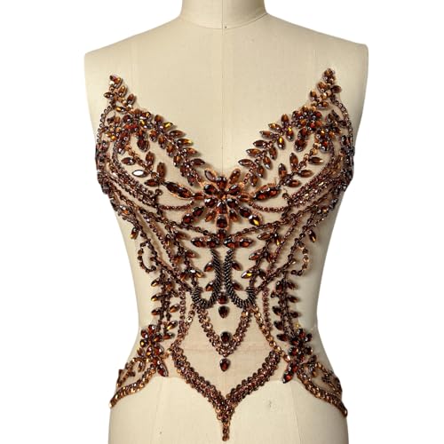 Rhinestones Beaded Bodice Applique Glass Patch Easy to use for Wedding Evening Dance Dress Decoration (Brown) by succi shan - Image 2