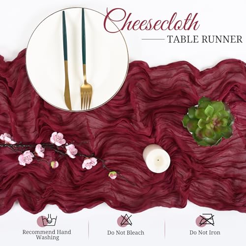 Pesonlook 6 Stück Burgunderrot Seihtuch Tischläufer 3 m Boho Gaze Tischläufer 55 x 300 cm rustikal romantisch Langer Tischläufer für Hochzeit Party Brautparty Erntedankfest Weihnachtsdekoration