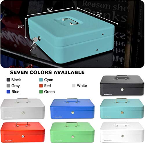 Cash Box With Key Lock - Steel Tiered Money Coin Tray With Lid Cover And Bill Slots | Portable Compact Safe | 4 Keys | Cyan Metal Lockable Storage Box For Change, Petty Cash, Fundraiser, Garage Sale #TOP6