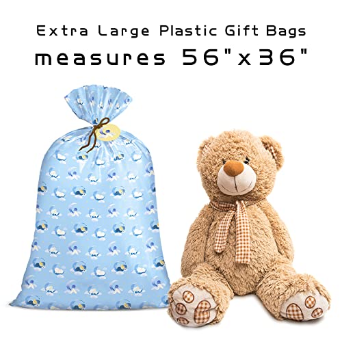 Loveinside Jumbo Large Plastic Gift Bag, Baby Boy Design Plastic Bag With Tag And Tie For Birthday, Baby Shower - 56" X 36", 1 Pcs - Blue Sleepy Bear #TOP1