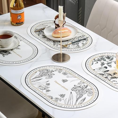 Image of Yelona White Oval Leather Placemats | Elegant Floral Design, Waterproof Stain Resistant | Easy Clean Faux Leather Table Mats (Graceful Blooms, Pack of 6)