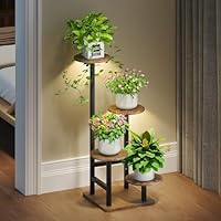 Homsorout Pflanzenständer mit Grow Lights, 4-stöckiger Indoor-Pflanzenständer, Metall mit hängenden Korbhaken, ideal für Wohnzimmer, Garten, Terrasse (Schwarzbraun)