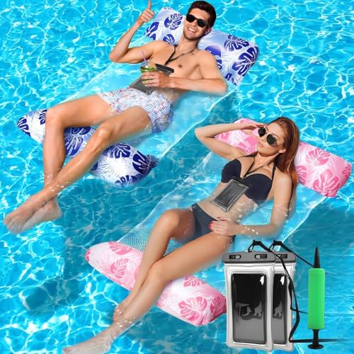 Wasserhängematte Erwachsene 2 Wasser Hängematte mit Netz 4 In 1 Luftmatratze Pool Luftmatratze Netz Wasserliege mit 2 wasserdichte Handyhülle Pool Hängematte Erwachsene(Dunkelblau & Rosa)
