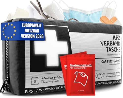 KFZ Verbandstasche nach aktueller Norm 2026 inkl. Beatmungstüchern - KFZ Verbandskasten europaweit nutzbar - Erste Hilfe Set Verbandkasten DIN 13164:2022 (StVO konform)