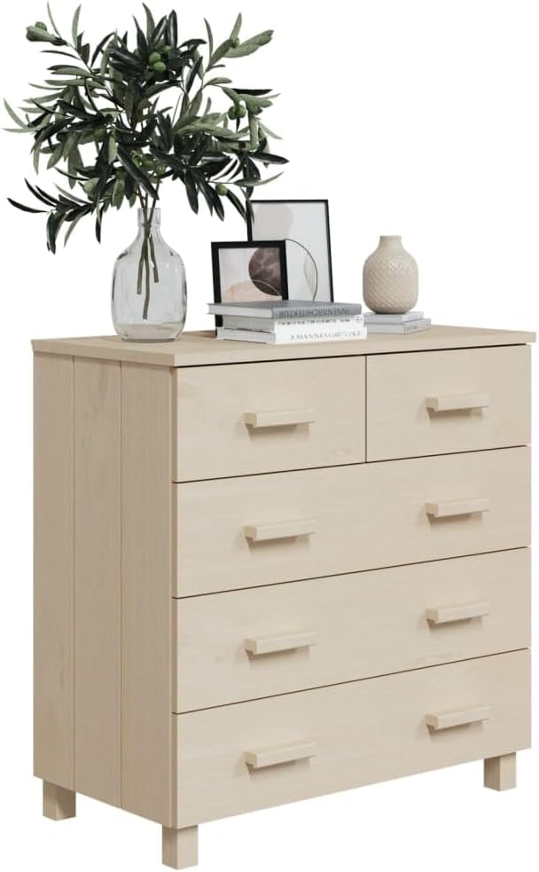 Honey Brown Solid Pine Wood and MDF Sideboard with 5 Drawers and Sliding Doors, Modern Storage Cabinet for Living Room Dining Area, Durable Furniture Organizer