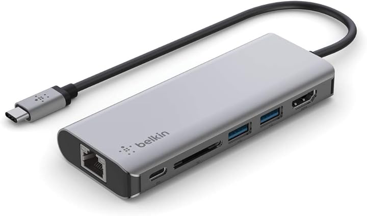 Belkin USB-C hub, 6'sı 1 arada çoklu bağlantı noktalı adaptör yuvası, 4K HDMI, USB-C ve 100 W, şarj için (passthrough), 2xUSB A, Macbook Pro, Air, iPad Pro ve XPS gibi cihazlar için