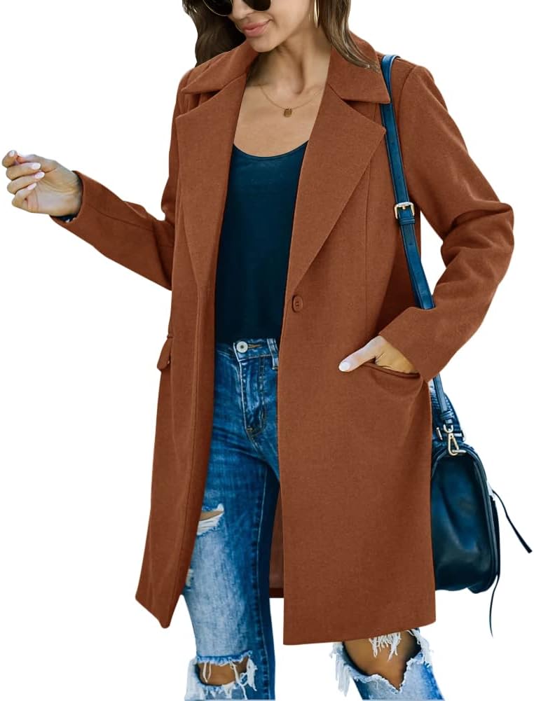 Fazortev women's Pea Coat Notch Lapel Single Breasted Wool Blend Mid Long Jacket Trench Overcoat - Image 3