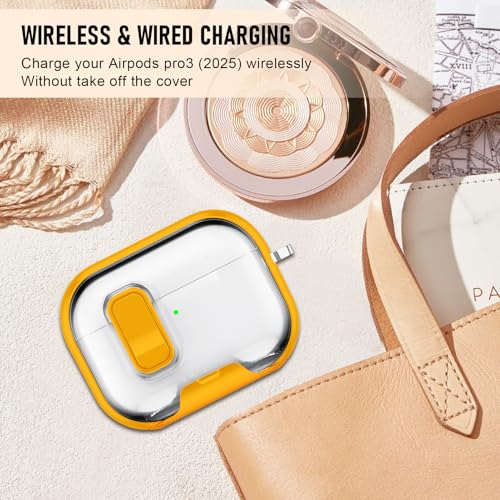Image of Compatible Airpods Pro 3 Case (2025) with Phone Stand & Cleaner Kit,Print Soft Silicone Lock Clip Apple AirPods Pro 3rd Generation Case, Airpod Pro 3 Cover with Keychain for Women /Girls,Yellow