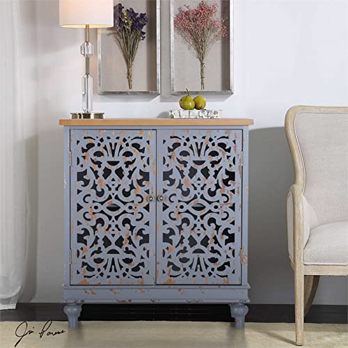 Sophia & William Accent Storage Cabinet With 2 Doors, Distressed Display Storage Organizer Console Table With Wood Frame And Hollow-Carved Floral Door For Entryway Living Room Bedroom, Grey #TOP1