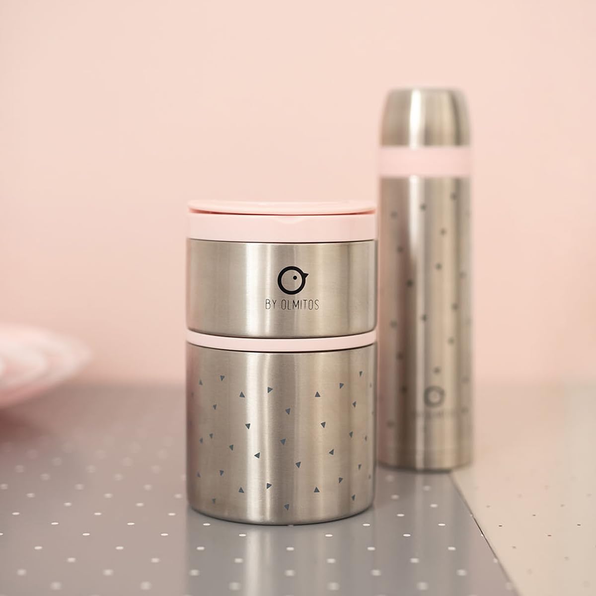 Olmitos - Termo papillero para sólidos acero inox 570ml + 250ml - Asas y aro de silicona - 11.5 x11.5 x 17.5cm (Rosa)