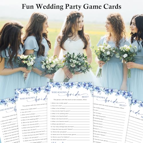 Image of Who Knows The Bride Best Games, 25 Blue Floral Wedding Shower Game Cards Set, Engagement Party Game for Guests, Wedding Games for Reception, Minimalist Marriage Party Supplies-09