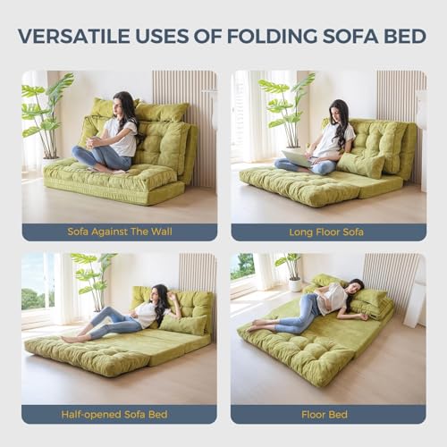 Image of MAXYOYO Folding Sofa Bed, Tufted Bean Bag Bed with Pillows Floor Couch for Adults, Extra Thick and Long Floor Sofa, Full Floor Couch Bed for Bedroom Living Room, Green, 54x91 Inch