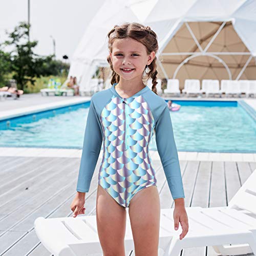 Girls Long Sleeve Rash Guard One Piece Swimsuits Zipper Front Bathing Suit Gray Green Fish Scales Sun Protection Size 8 #TOP2
