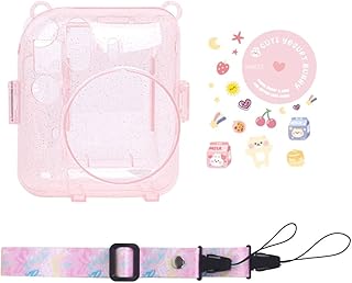 Clear Case for Instax Mini 12 Instant Camera Case with Photos Storage Pocket, Protective Crystal Case + Sticker + Strap 3 Piece Set (Pink)