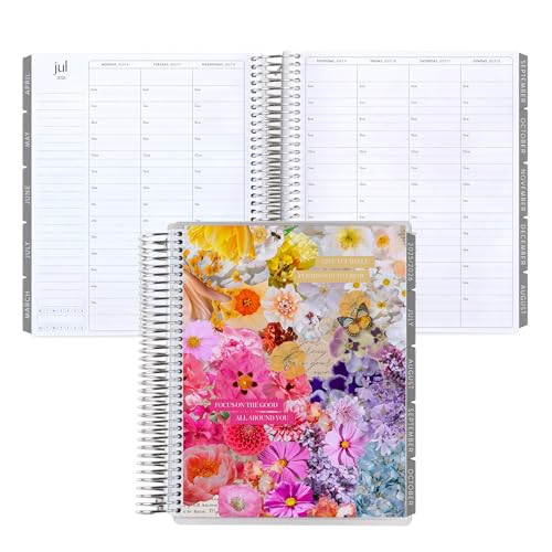 7x9 Coiled Life Planner (January 2026 - December 2026) - Floral Collage classic cover, hourly layout, Minimal theme, platinum coil