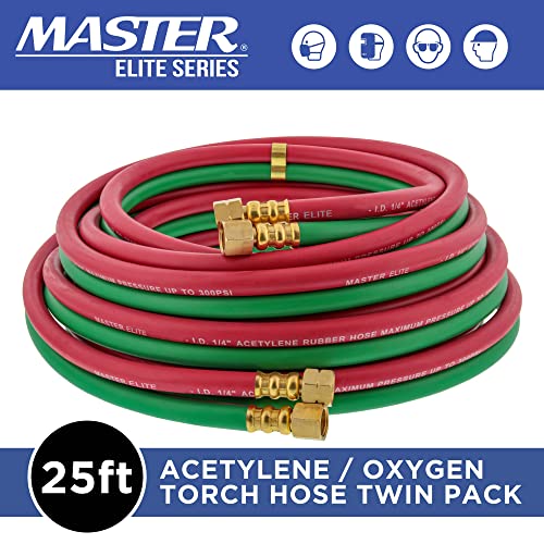 Master Elite 25 Foot Oxygen Acetylene Hose Twin Welding Hose Set, 1/4 Inch B Fittings, 9/16”-18 - Oxy Acetylene Cutting Torch Hoses, Welder Gas Hose Cut Metal, Green Red, Grade R, Fits Regulators #TOP1