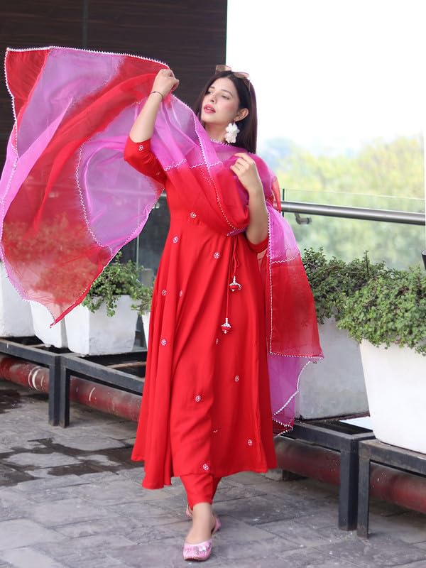 Image of Royal Export Women's Viscose Floral Embroidered Anarkali Gown Dress || Kurta Pant with Dupatta Sets