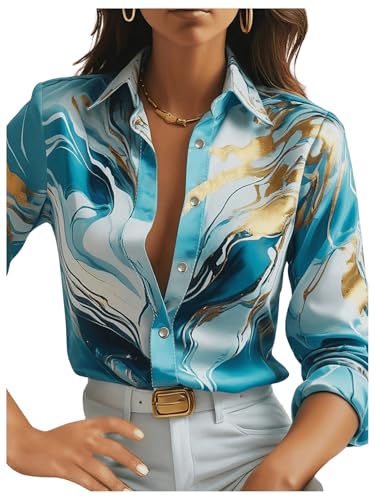 WDIRARA Women's Marble Print Button Down Long Sleeve Shirt Collar Blouse Top