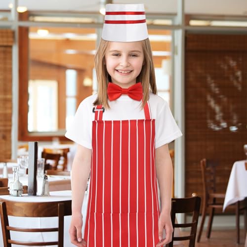 XLSXEXCL 1950s Waiter Costume Kit, Soda Jerk Costume Kit, Red and White Striped Apron with 2 Pockets, Chef Hat Red Bow Ties Adjustable for Kid Costume Cosplay Party (45x65cm)