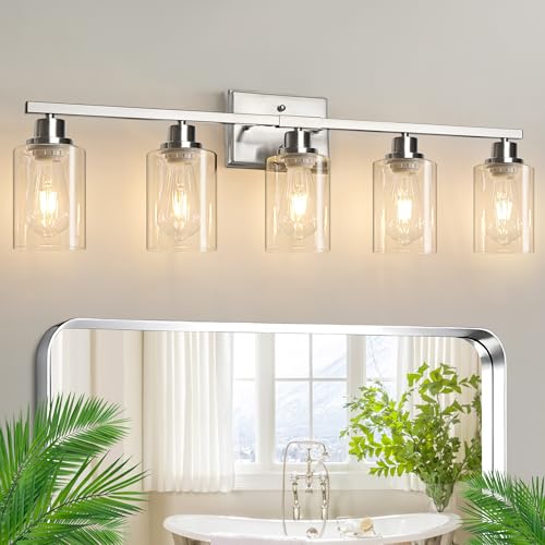 Ascher Bathroom Light Fixtures, 5-Light Vanity Lights with Clear Glass Shade, Modern Brushed Nickel...