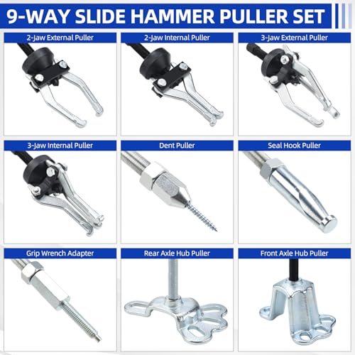 FreeTec 9-in-1 Radlager Abzieher Radnabenabzieher Set mit Gleithammer, 2/3 Backen Lager Innenlager Auszieher Innenabzieher, Vorder- und Hinterradnabe Abzieher Gleithammer Dentzieher für Autoreparatur