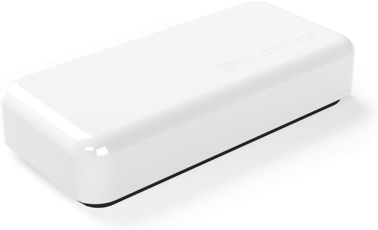 GlasMag Classic Magnetic Eraser for Glass Whiteboards. Effortless Erasing. Sticks to Your Board Like a Bug on a Leaf. (GlasMag Logo)